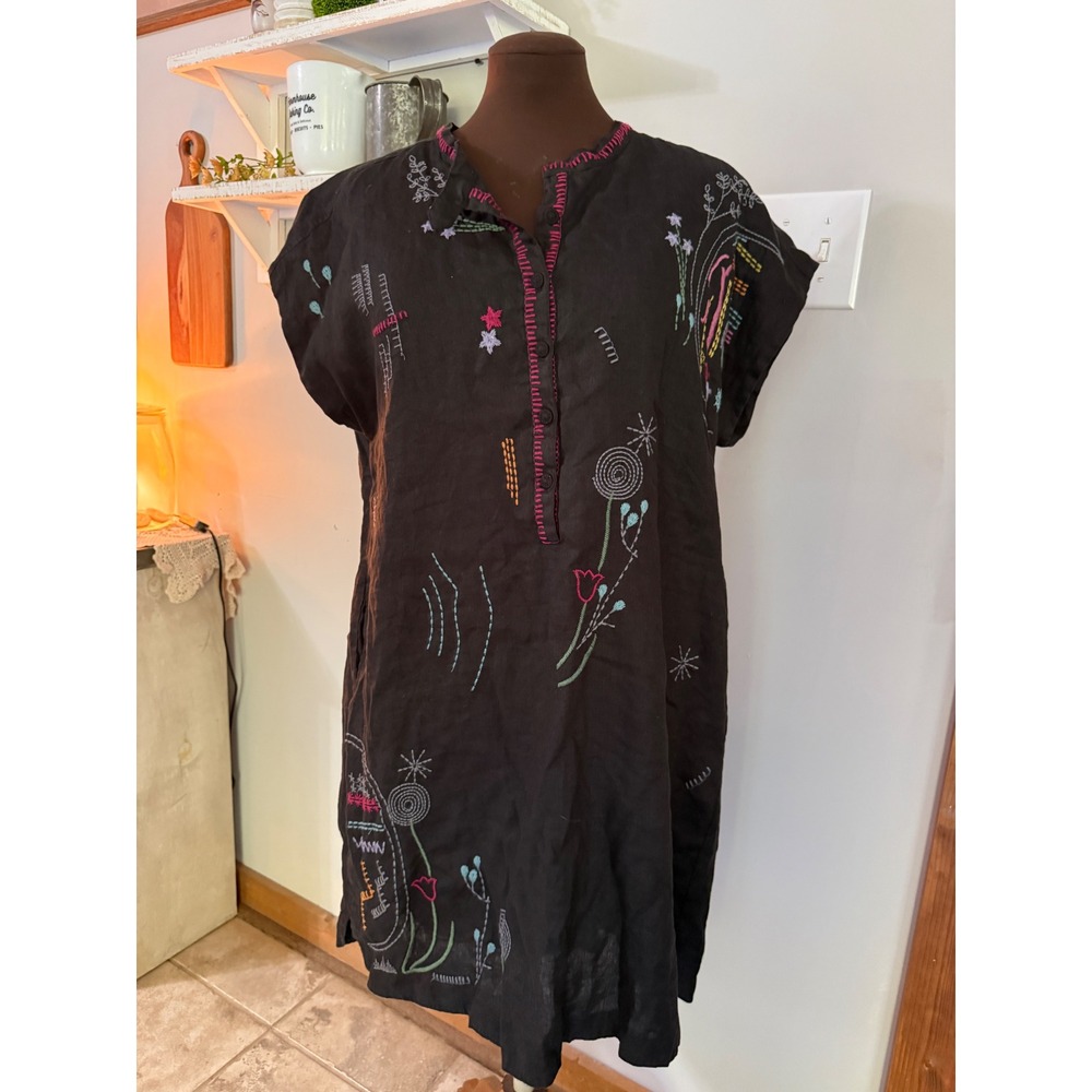 Johnny Was Embroidered Linen tunic Dress L Black Boho Floral Shift whimsical